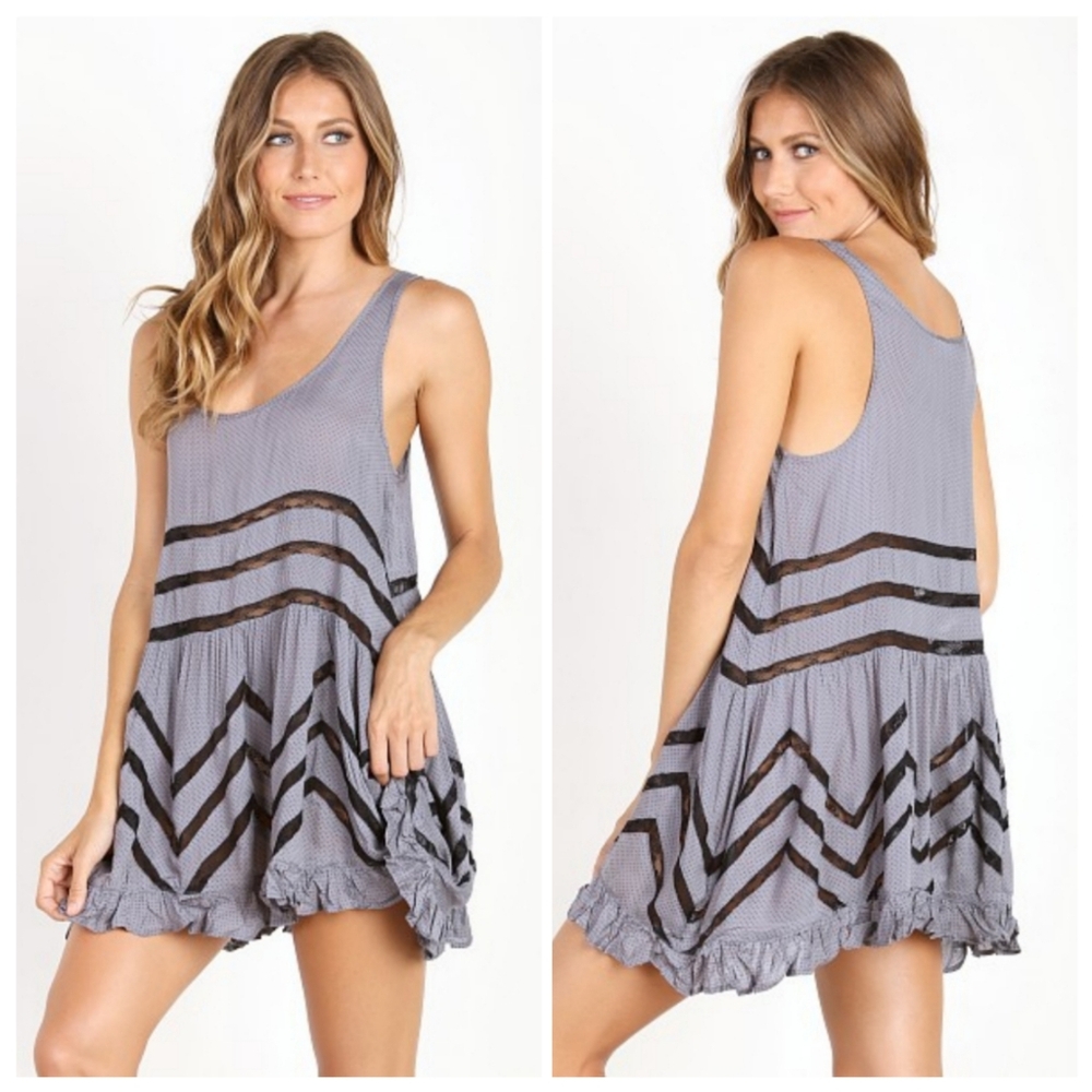 Free People Voile and Lace Trapeze Slip Tunic Dress Iron Grey Size XS